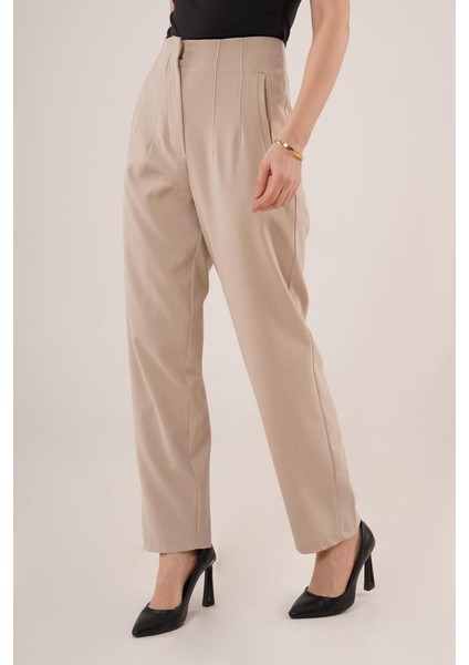 Mottisfashion Çift Pens Detaylı Krem Pantolon