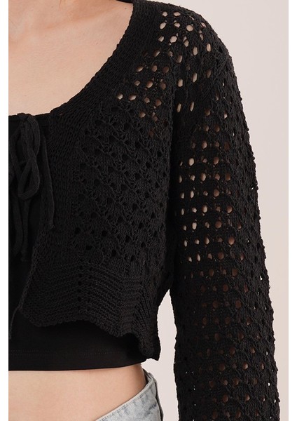 Mottisfashion Ön Bağlamalı Ajurlu Crop Siyah Hırka fiyatları