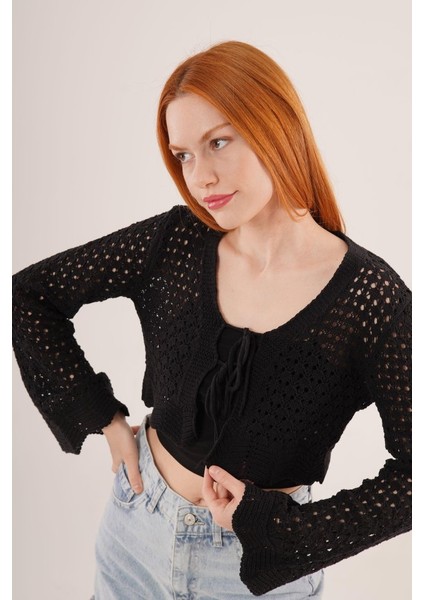 Mottisfashion Ön Bağlamalı Ajurlu Crop Siyah Hırka modelleri