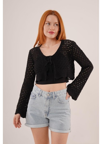 Mottisfashion Ön Bağlamalı Ajurlu Crop Siyah Hırka fırsatları