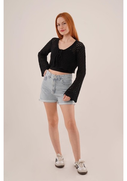 Mottisfashion Ön Bağlamalı Ajurlu Crop Siyah Hırka