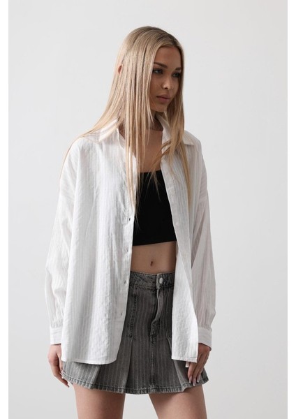 Mottisfashion Çizgili Uzun Kol Gömlek - Beyaz fiyatları