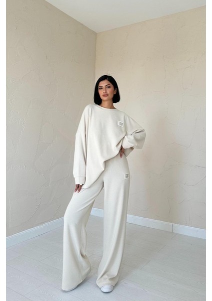 Mottisfashion Bej Klasik Fitilli Kazak ve Pantolon Takım