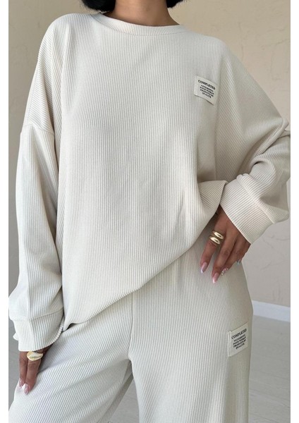 Mottisfashion Bej Klasik Fitilli Kazak ve Pantolon Takım modelleri