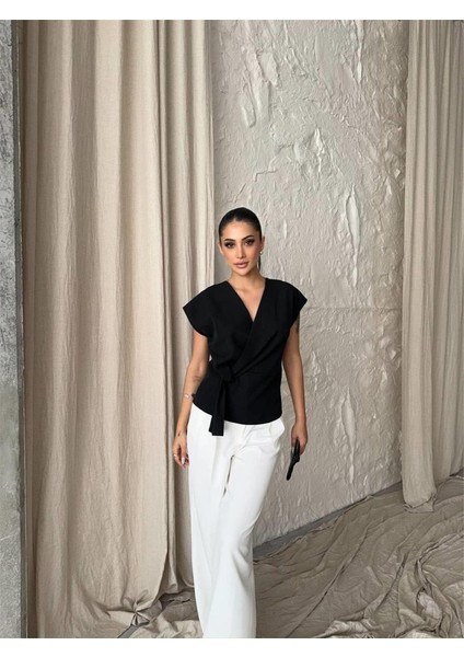 Mottisfashion Yandan Bağlama Detaylı Kolsuz Bluz - Siyah