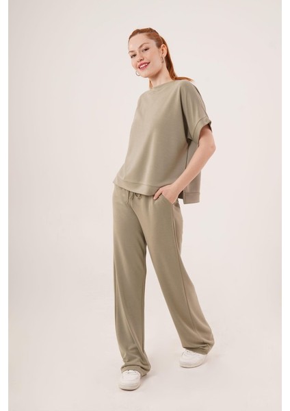 Mottisfashion Modal Kısa Kollu Üst ve Geniş Paça Eşofman Ikili Yağ Yeşili Takım