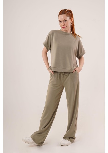 Mottisfashion Modal Kısa Kollu Üst ve Geniş Paça Eşofman Ikili Yağ Yeşili Takım