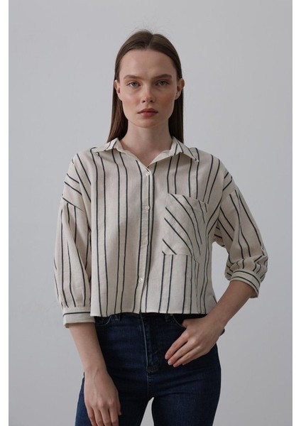 Mottisfashion Çizgili Kısa Gömlek - Bej-Lacivert