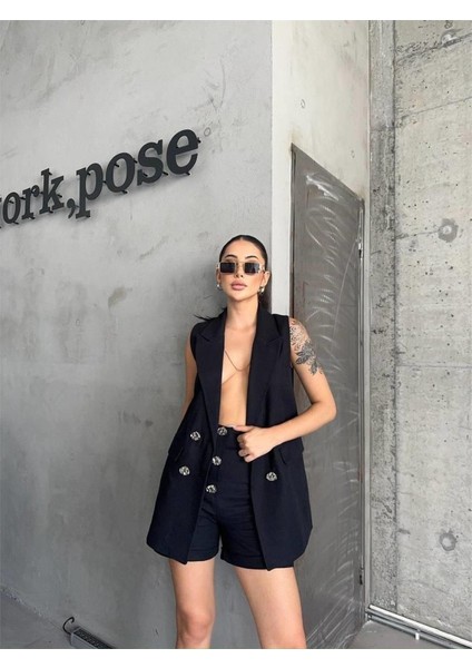 Mottisfashion Keten Yelek - Şort Takım - Siyah fırsatları