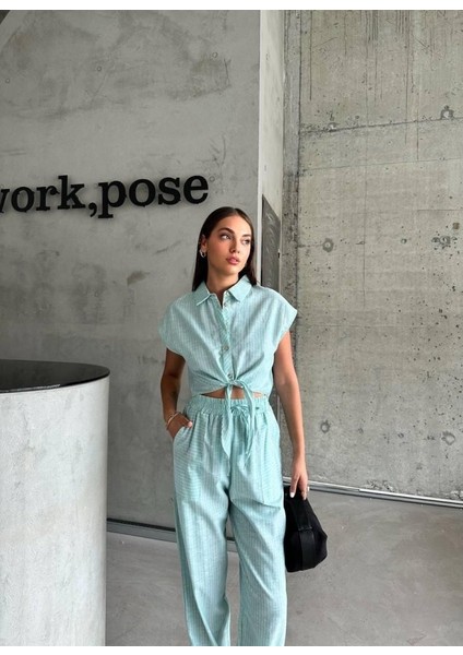 Mottisfashion Çizgili Keten Kolsuz Crop Pantolon Takım - Yeşil