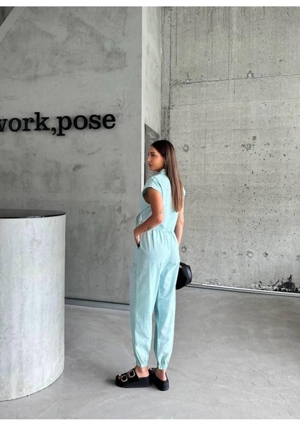 Mottisfashion Çizgili Keten Kolsuz Crop Pantolon Takım - Yeşil fiyatları