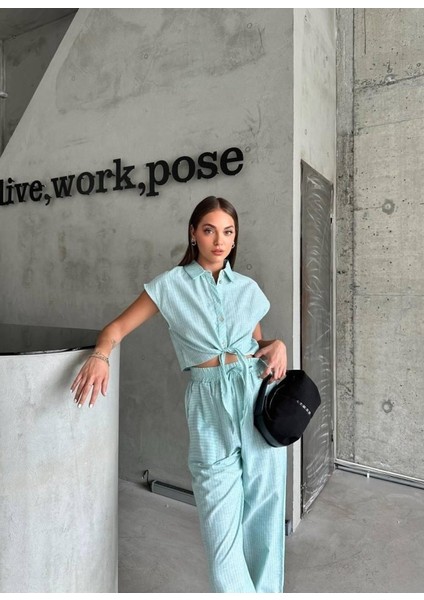 Mottisfashion Çizgili Keten Kolsuz Crop Pantolon Takım - Yeşil modelleri