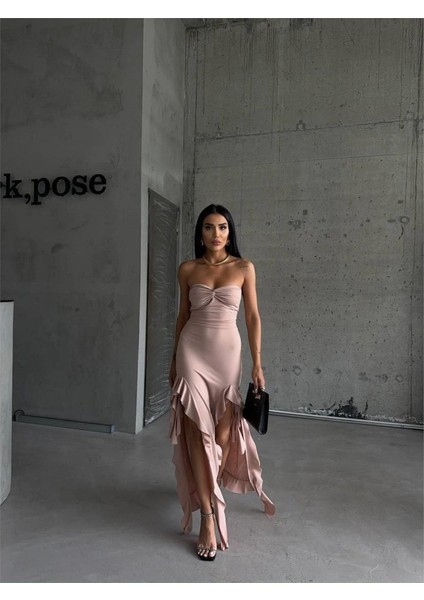 Mottisfashion Strablez Sandy Elbise Yanları Katlı - Bej modelleri