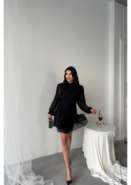 Mottisfashion Şifon Katlı Uzun Kol Elbise - Siyah