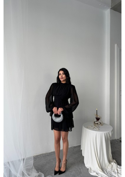 Mottisfashion Şifon Katlı Uzun Kol Elbise - Siyah fırsatları