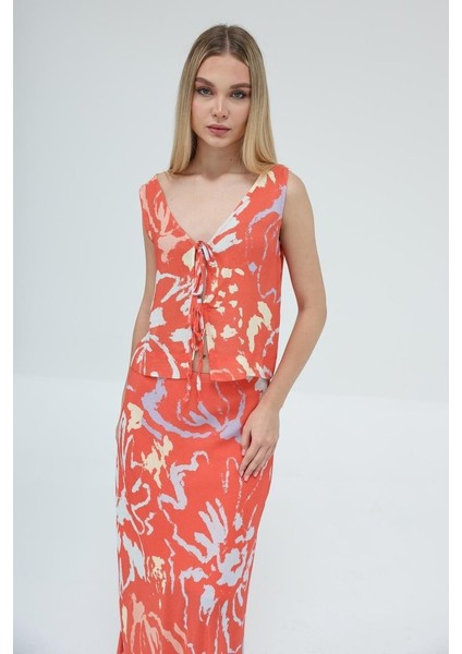 Mottisfashion Bağcıklı Bluzlu Etek Takım - Kırmızı