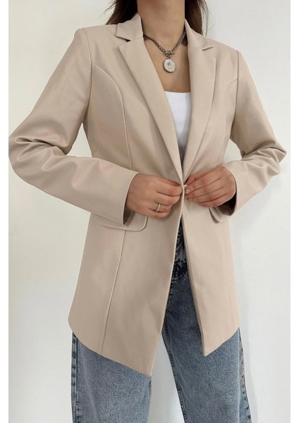 Mottisfashion Bej Düğmeli Deri Ceket