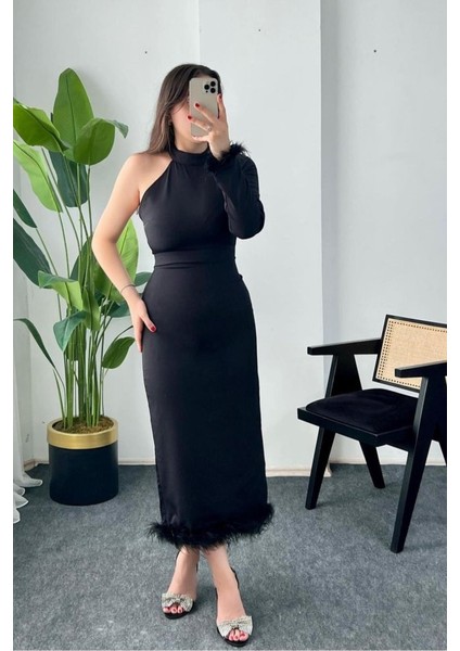 Mottisfashion Siyah Eteği Tüllü Tek Kol Elbise fiyatları