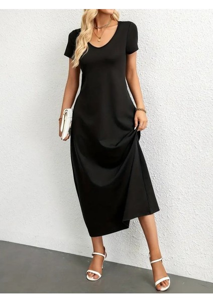 Mottisfashion Kadın Kısa Kollu Yakası Yuvarlak Cepli Viskon Elbise