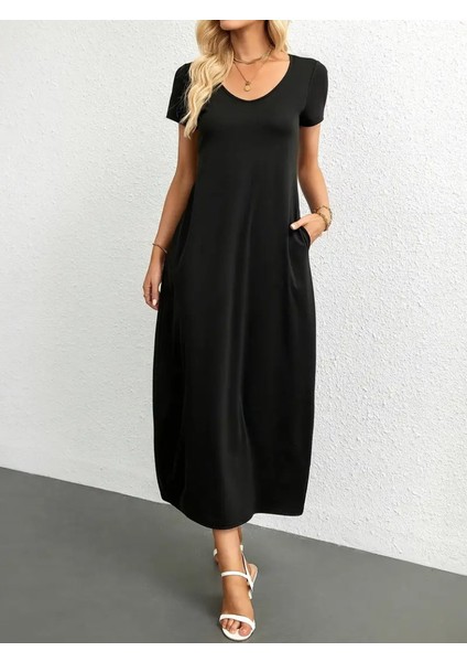 Mottisfashion Kadın Kısa Kollu Yakası Yuvarlak Cepli Viskon Elbise