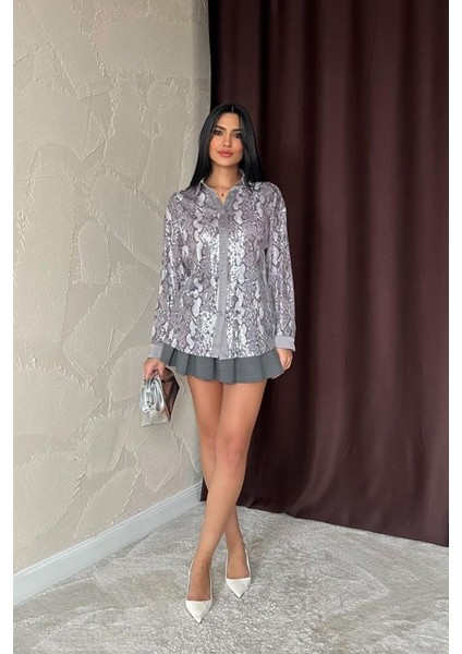 Mottisfashion Gri Işıltılı Garni Gömlek