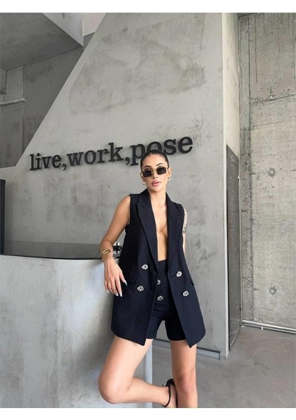 Mottisfashion Keten Yelek - Şort Takım - Siyah
