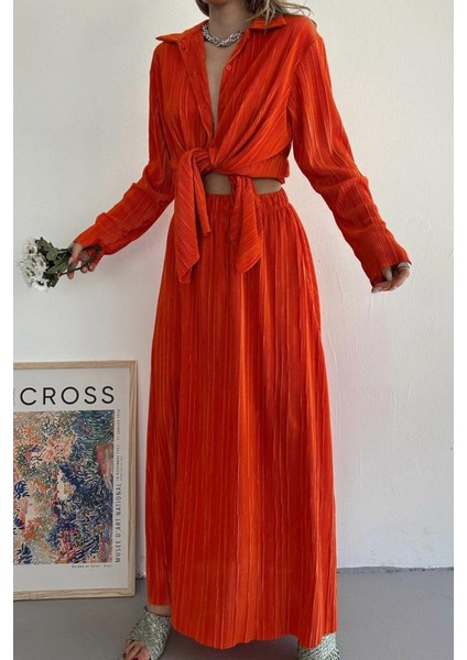 Mottisfashion Oranj Fitilli Gömlek ve Uzun Etek Takım