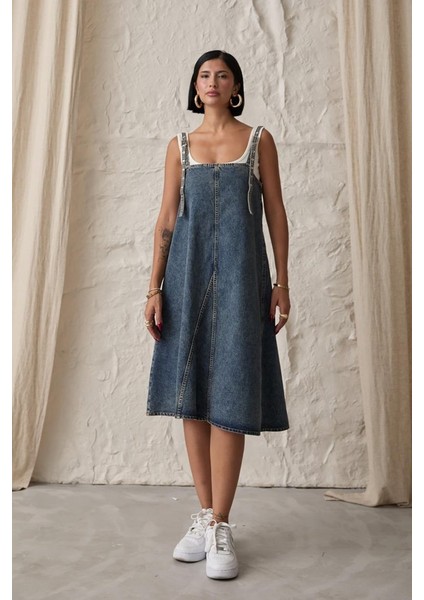 Mottisfashion Mavi Askı Aparatlı Kot Elbise