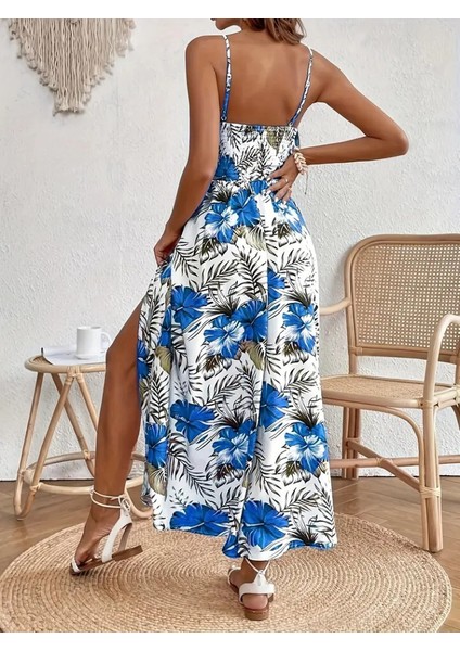 Mottisfashion Kadın Ip Askılı V Yakalı Bel Güpür Çiçek Desenli Yandan Yırtmaçlı Maksi Süprem Elbise fiyatları