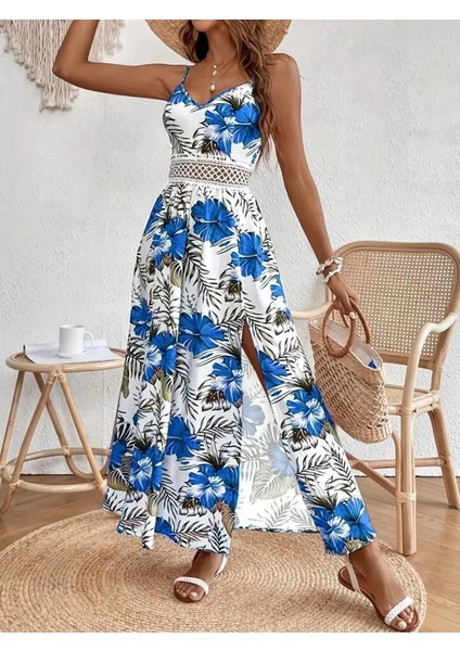 Mottisfashion Kadın Ip Askılı V Yakalı Bel Güpür Çiçek Desenli Yandan Yırtmaçlı Maksi Süprem Elbise indirimleri