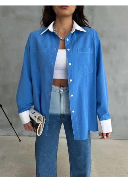Mottisfashion Kol ve Manşet Beyaz Kapalı Pile Detaylı Gömlek - Mavi modelleri