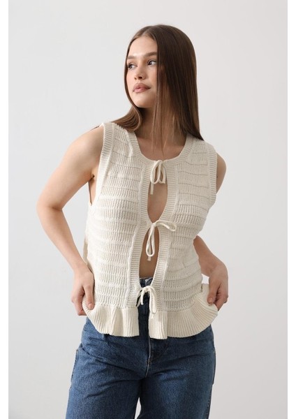 Mottisfashion Önü Bağlamalı Yelek - Ekru