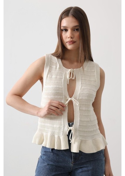 Mottisfashion Önü Bağlamalı Yelek - Ekru