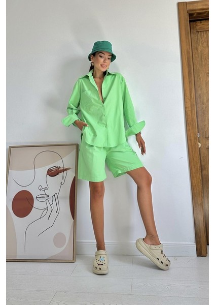 Mottisfashion Fıstık Yeşili Önü Cepli Gömlek ve Şort Takım