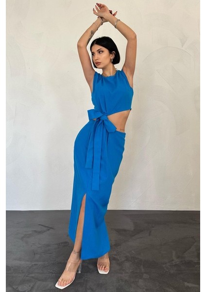 Mottisfashion Turkuaz Kuşaklı Crop ve Etek Takım