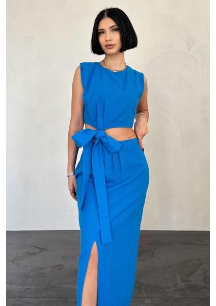 Mottisfashion Turkuaz Kuşaklı Crop ve Etek Takım fiyatları