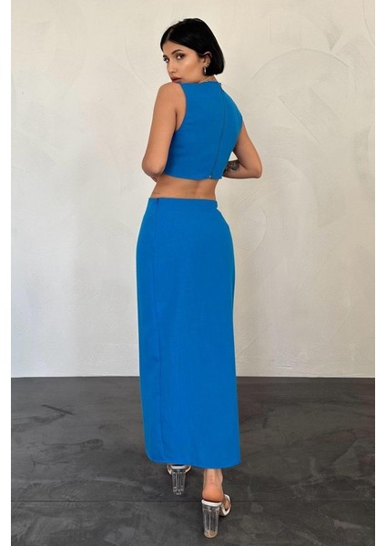 Mottisfashion Turkuaz Kuşaklı Crop ve Etek Takım modelleri