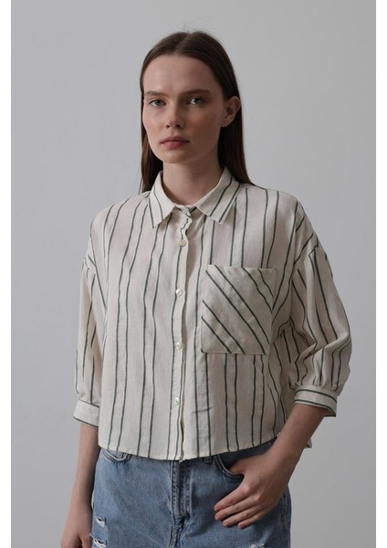 Mottisfashion Çizgili Kısa Gömlek - Bej-Yeşil