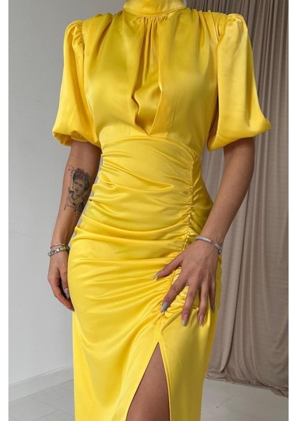 Mottisfashion Sarı Büzgülü Saten Elbise fiyatları
