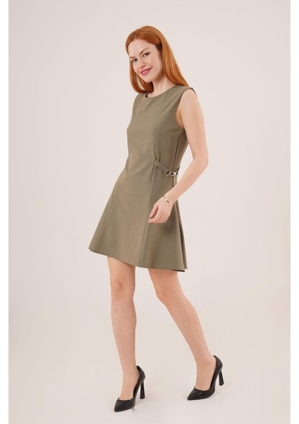 Mottisfashion Yanları Zincir Detaylı Sıfır Kol Haki Mini Elbise modelleri