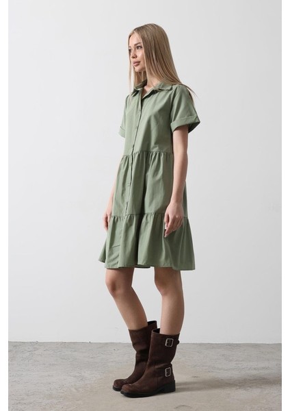 Mottisfashion Kısa Kol Düğmeli Elbise - Haki