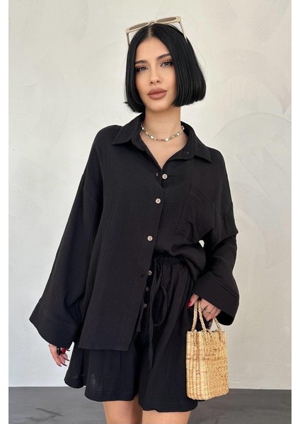 Mottisfashion Siyah Gömlek ve Müslin Şort Takım fiyatları