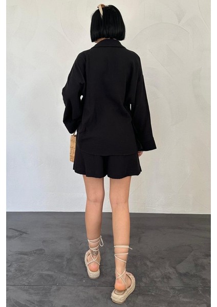 Mottisfashion Siyah Gömlek ve Müslin Şort Takım modelleri