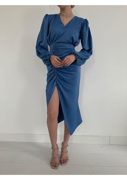 Mottisfashion Mavi V Yaka Saten Elbise