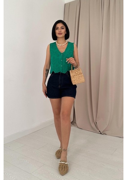 Mottisfashion Yeşil Sıfır Kol Brode Bluz fiyatları