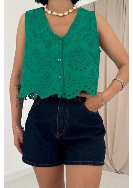 Mottisfashion Yeşil Sıfır Kol Brode Bluz modelleri