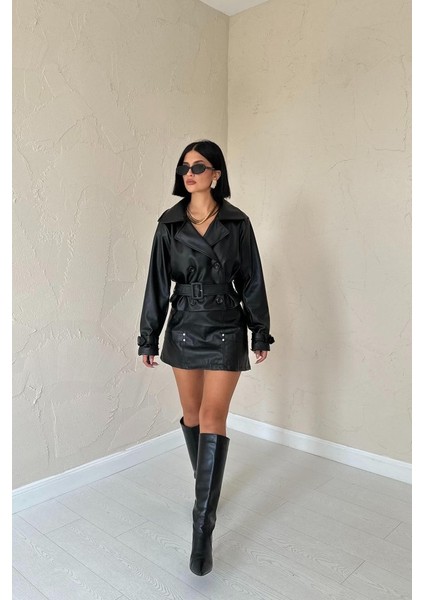 Mottisfashion Siyah Kemerli Deri Ceket