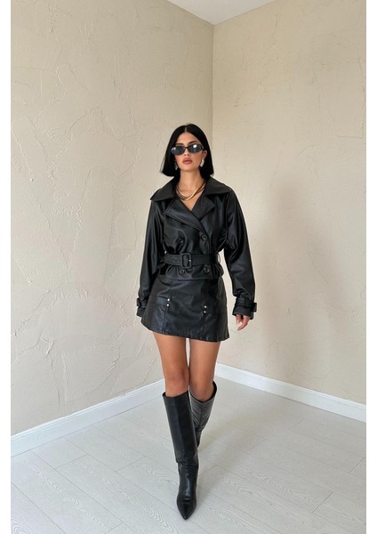 Mottisfashion Siyah Kemerli Deri Ceket fiyatları