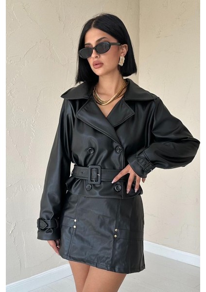 Mottisfashion Siyah Kemerli Deri Ceket modelleri