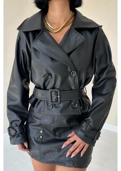 Mottisfashion Siyah Kemerli Deri Ceket fırsatları